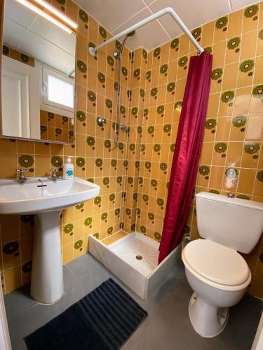 a bathroom with a toilet and a sink and a shower at Apto POSEIDON CON PARKING EN EDIFICIO SUBTERRANEO in Cullera