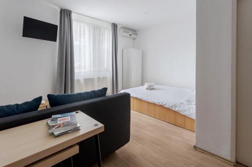 ein Wohnzimmer mit einem Sofa und einem Bett in der Unterkunft DD Boutique Apartments in Cluj-Napoca