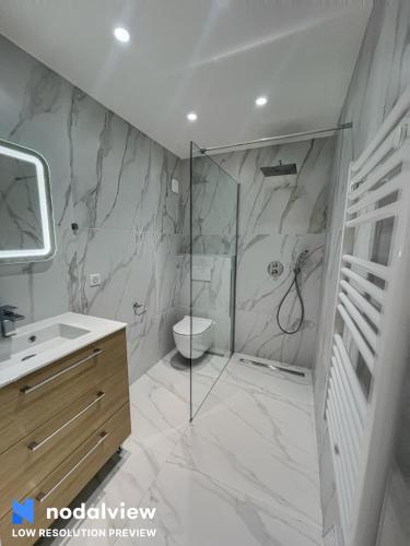 une salle de bain avec douche et lavabo dans l'établissement Cannes Appartement 3 pièces vue mer, à Cannes