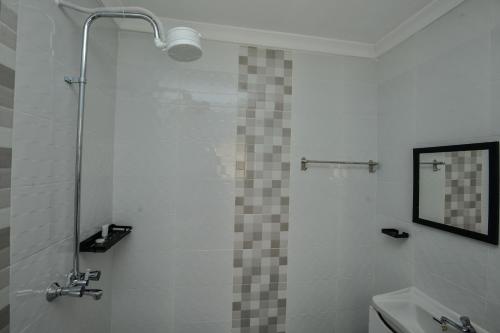 a bathroom with a shower and a sink at Eldorado Rustic Hotel in Nakuru