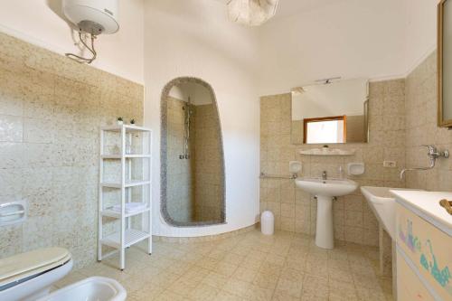 a bathroom with a sink and a shower and a toilet at Villa Tina Maria by BarbarHouse in San Pietro in Bevagna