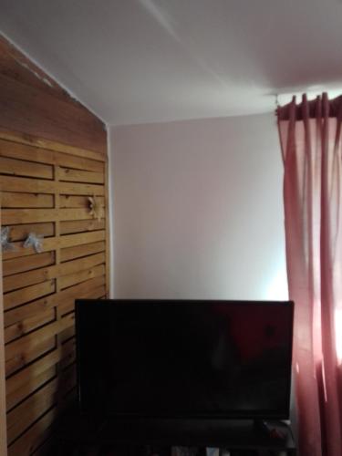 a room with a flat screen tv and a curtain at Casa Mocanu in Giurgiu