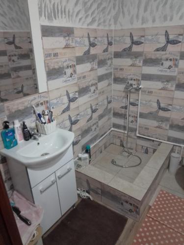a bathroom with a sink and a shower with birds on the wall at Casa Mocanu in Giurgiu