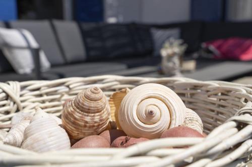 a basket filled with shells on a table at Konstantinos and Eleni's Apartment in Koundouros