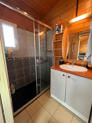 une salle de bain avec douche et lavabo dans l'établissement Chalet*** tout confort à 5 km de la plage, à Bias
