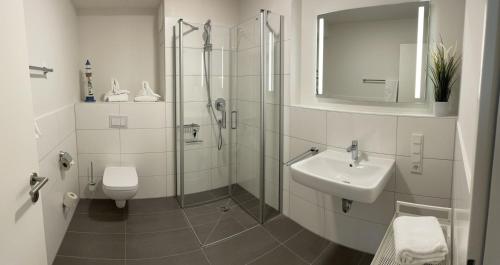 a bathroom with a shower and a sink and a toilet at Fewo Frida BOW 321 in Kappeln