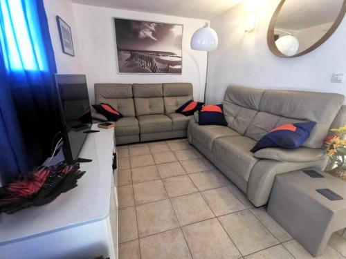 un salon avec un canapé et une télévision dans l'établissement 5100 Mas de la Pinède 210, au Cap d'Agde