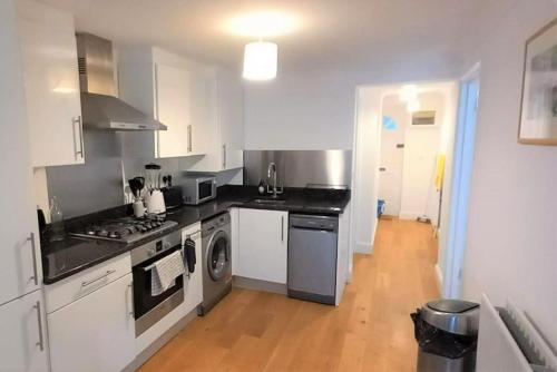 a kitchen with a stove and a dishwasher at 2 Bedroom Victorian Garden Flat in London