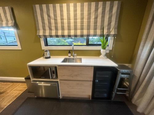 a kitchen with a sink and a window at Beckenham Studio on tree lined street in Christchurch