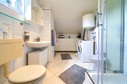a bathroom with a toilet and a sink and a washing machine at Apartment Mladen in Krk