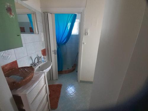 een badkamer met een wastafel en een blauw douchegordijn bij Sto Dimeiko in Krionérion