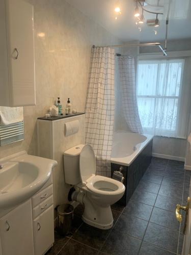 uma casa de banho com um WC, uma banheira e um lavatório. em Bella Vista em Llandudno