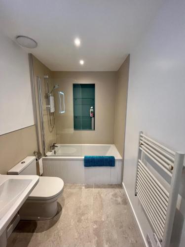 a bathroom with a toilet and a bath tub at 4 Balvaig Cottage, Strathyre in Stirling