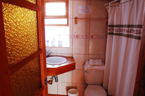 a bathroom with a toilet and a sink and a window at Hostal Elim in San Pedro de Atacama