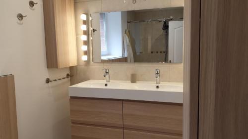 een badkamer met een witte wastafel en een spiegel bij Chambre de charme dans une propriété du 18ème in Roquettes