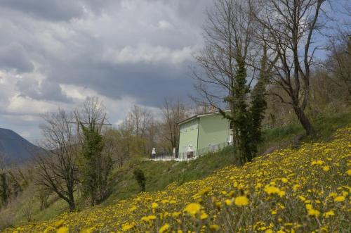 a green building on the side of a hill with flowers at Casaletto Santo Spirito in Labro Rieti