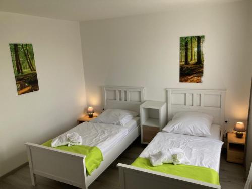 ザルツギッターにあるZimmervermietung38- Kranichのランプ2つと絵画が備わる客室内のベッド2台