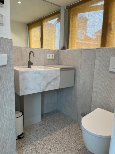 een badkamer met een wastafel en een toilet bij Aventure in Noordwijk