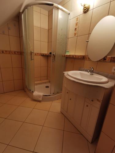 a bathroom with a sink and a shower at Hotel Zieliniec in Poznań
