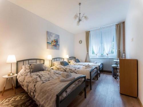 a bedroom with two beds and a desk and a window at Holiday&wellness house Grofica in Daruvar