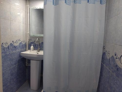 a bathroom with a sink and a shower curtain at Apartment for good feelings in Sevan