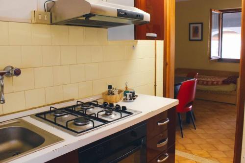 una cucina con piano cottura forno superiore accanto a un lavandino di La casa del Viandante a Vico Canavese