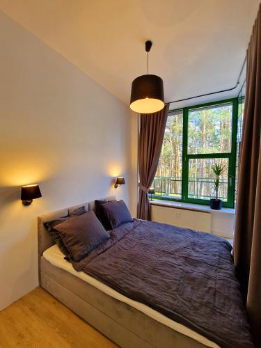 ein Schlafzimmer mit einem Bett und einem großen Fenster in der Unterkunft Apartamenty nad Zalewem Zegrzynskim z tarasem 23 m2 in Serock
