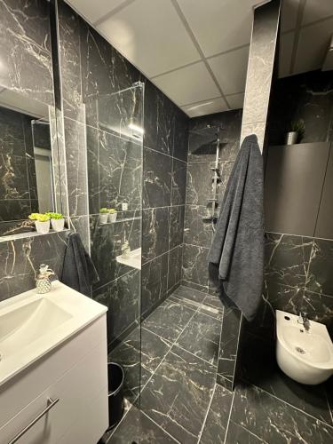 a black tiled bathroom with a sink and a toilet at Rivapark in Dunajská Streda