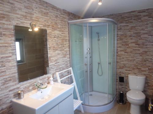 a bathroom with a shower and a toilet and a sink at Casa da Lagoa in Alvarães