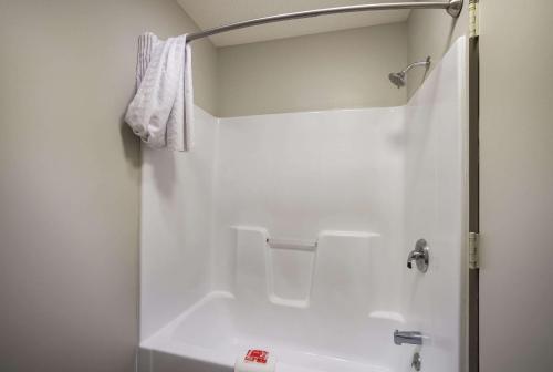a white bathroom with a shower and a sink at Econo Lodge Inn & Suites Canandaigua - Finger Lakes Area in Canandaigua