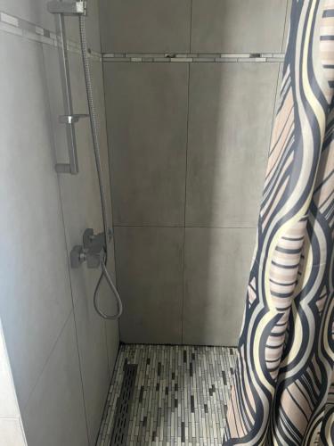 ein Bad mit einer Dusche mit Fußbodenbelag in der Unterkunft Résidence bord de Loire euro 6 in Decize