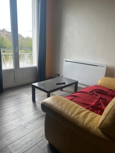 ein Wohnzimmer mit einem Sofa und einem Couchtisch in der Unterkunft Résidence bord de Loire euro 6 in Decize