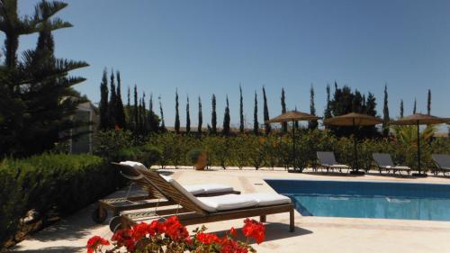 uma piscina com espreguiçadeiras, guarda-sóis e flores em Villa Mogador em Essaouira