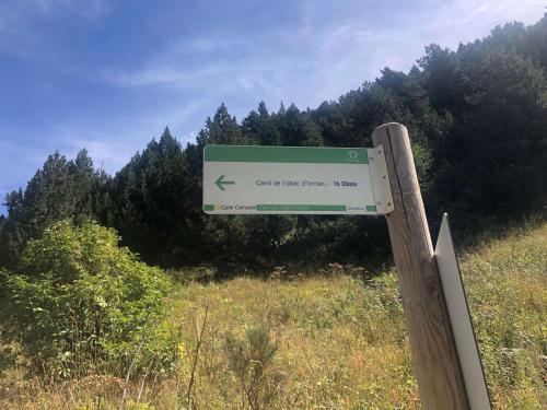 a green street sign on the side of a road at Casita de madera a Peu del Riu Incles - Sol y Nieve - Parking incluido in Incles