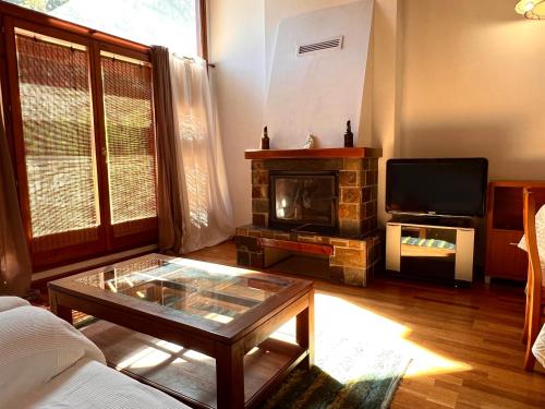 a living room with a coffee table and a fireplace at Apartament La Noguera - L'Amfitriona in Rialp