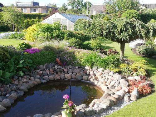 a pond in a garden with rocks and flowers at Orion majutus in Pärnu