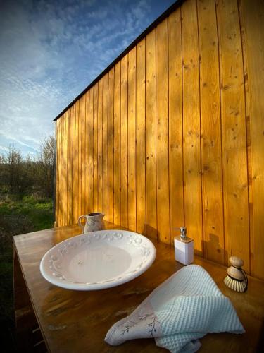 a bathroom with a sink on top of a wooden wall at Maringotka Za Trnkou in Točník