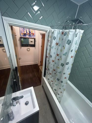 a bathroom with a shower curtain and a sink at Lovely 1-bedroom serviced apartment in Falmouth in Falmouth