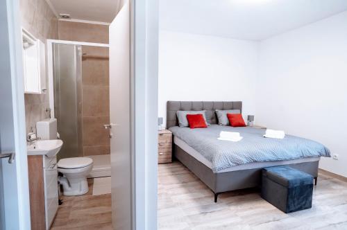 um quarto com uma cama, um WC e um lavatório em Apartman Ružić em Sveti Ivan Žabno