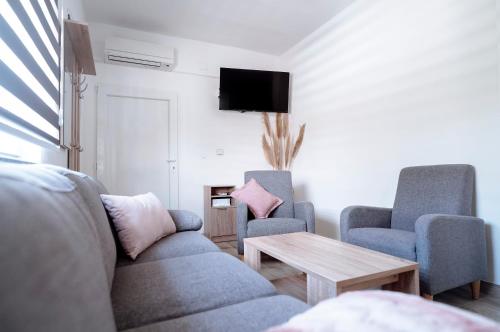 a living room with a couch and two chairs and a table at Apartman Ružić in Sveti Ivan Žabno