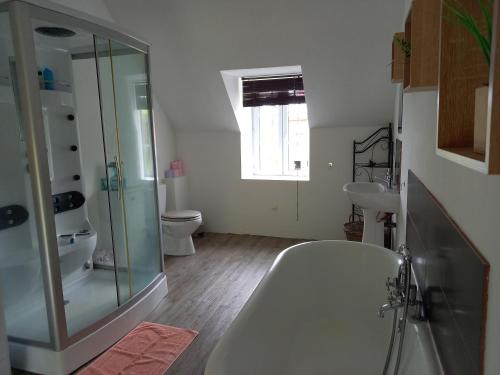 ein Bad mit einer Badewanne, einer Dusche und einem Waschbecken in der Unterkunft La fermette - chambres d'hôtes dans environnement calme et arboré in Saint-Jean-des-Baisants