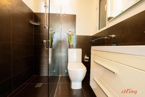 a bathroom with a toilet and a glass shower at Gorgeous seaviews from a stunning studio in Sliema