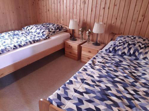 two beds in a room with wooden walls at Landhof Kützin Ferienhaus Fink 5 