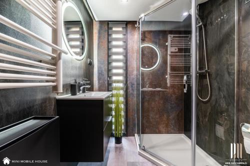 a bathroom with a shower and a sink at Moon Hill's Lord in Jeżów Sudecki
