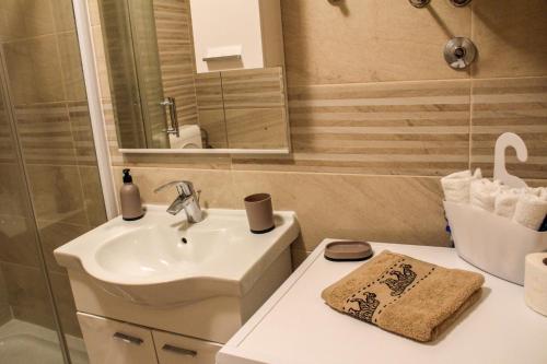 a bathroom with a sink and a toilet and a shower at Lanai Apartment in Trebinje