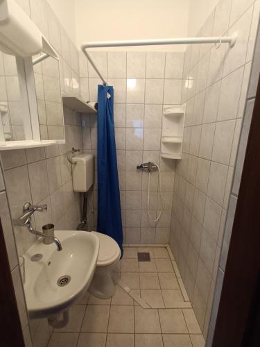een badkamer met een wastafel, een toilet en een douche bij Apartman Štrkalj in Tisno