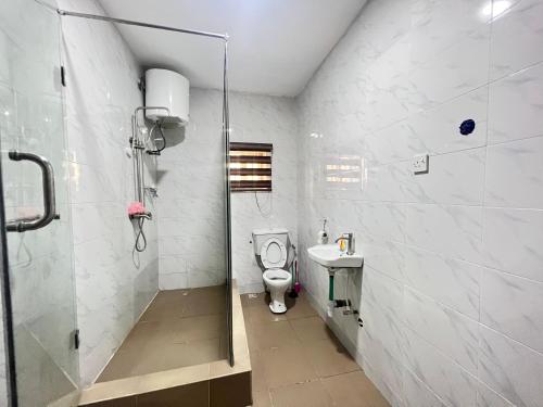 y baño con aseo, lavabo y ducha. en CampDavid Luxury Apartments Ajao Estate Airport Road Lagos 0 8 1 4 0 0 1 3 1 2 5, en Lagos