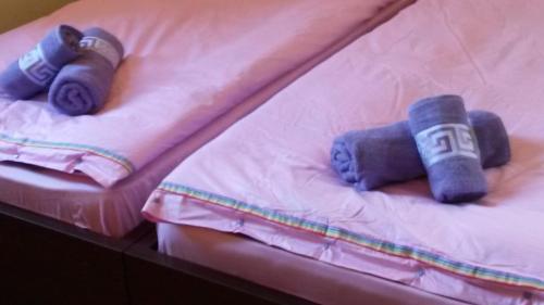 2 camas individuales con toallas azules. en Apartment on Tabukashvili Street, en Tiflis