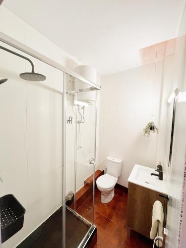 a bathroom with a toilet and a glass shower at Villa galana in Les Cases d'Alcanar
