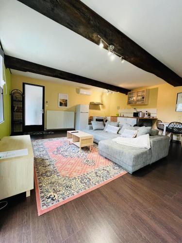 - un salon avec 2 lits et un tapis dans l'établissement Maison de campagne proche Libourne, à Saint-Denis-de-Pile